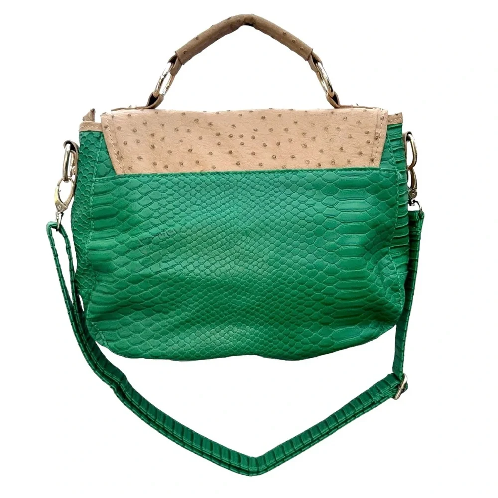 Francesca’s Collection Faux Ostrich Green Tan Crossbody Satchel